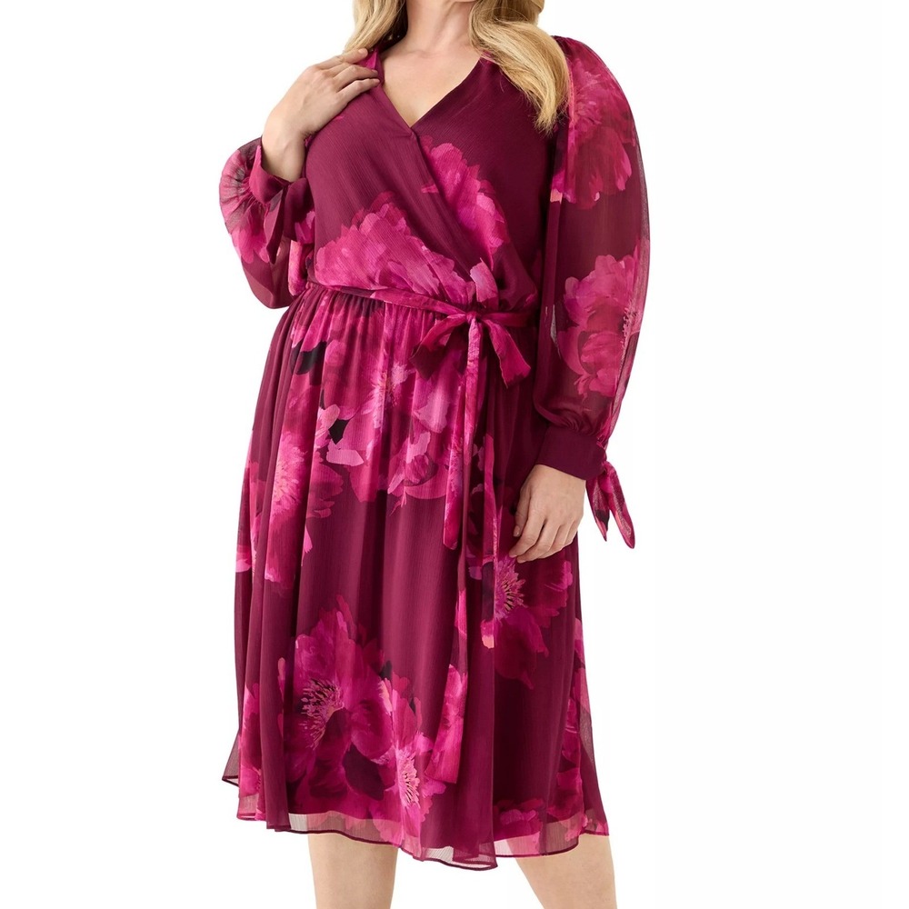 Calvin Klein Tie Sleeve Surplice Neck Belted Midi Pink Dress Womens Size 18W NWT